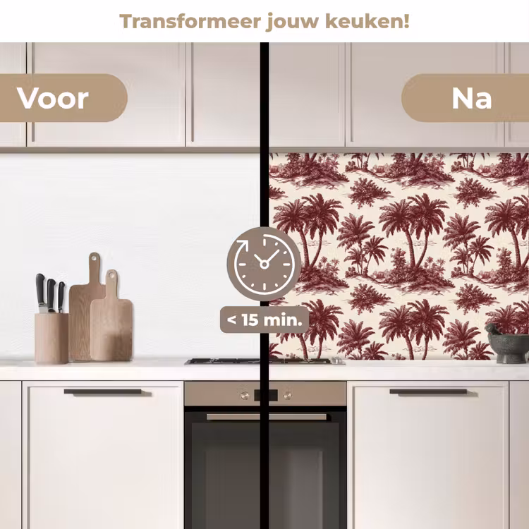 Tropisch - Geometrisch - Bordeauxrood keuken achterwand 2 middel 871 -voor-na2_NL