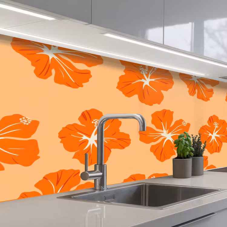 Tropisch - Hibiscus - Oranje keuken achterwand 2 middel 871 -3d_schuin