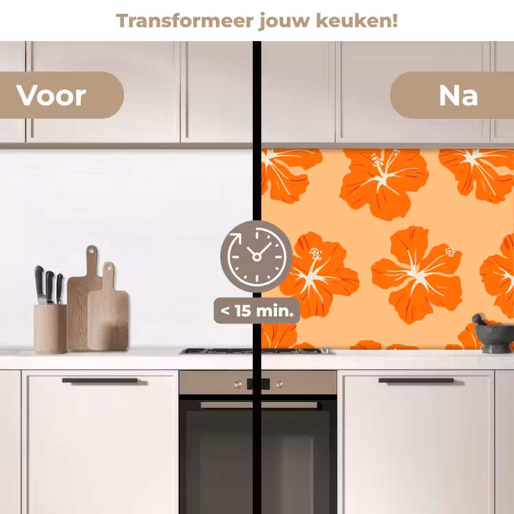 Tropisch - Hibiscus - Oranje keuken achterwand 2 middel 871 -voor-na2_NL