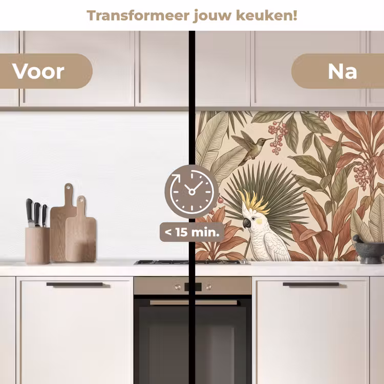 Tropisch - Vogels - Beige keuken achterwand 2 middel -voor-na2_NL