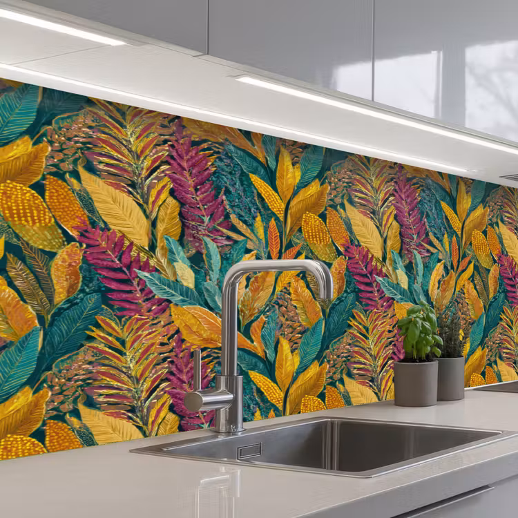 Tropische - Botanisch - Patroon - Kleurrijk - Exotisch keuken achterwand 2 middel 871 -3d_schuin