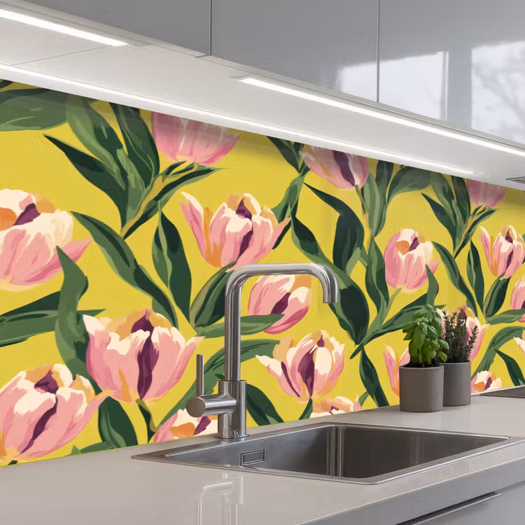 Tulpen - Botanisch - Geel keuken achterwand 2 middel 871 -3d_schuin