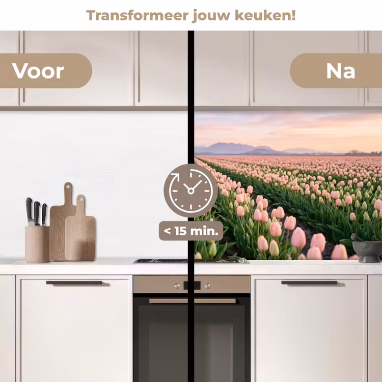 Tulpen - Landschap - Roze keuken achterwand 2 middel -voor-na2_NL