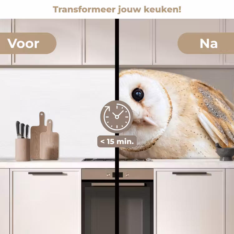 Uil - Bruin - Wit keuken achterwand 2 middel -voor-na2_NL