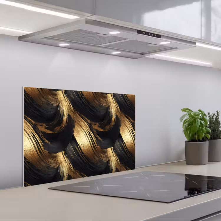 Verfstreken - Abstract - Goud - Zwart keuken achterwand spatscherm klein 900 -3d_schuin