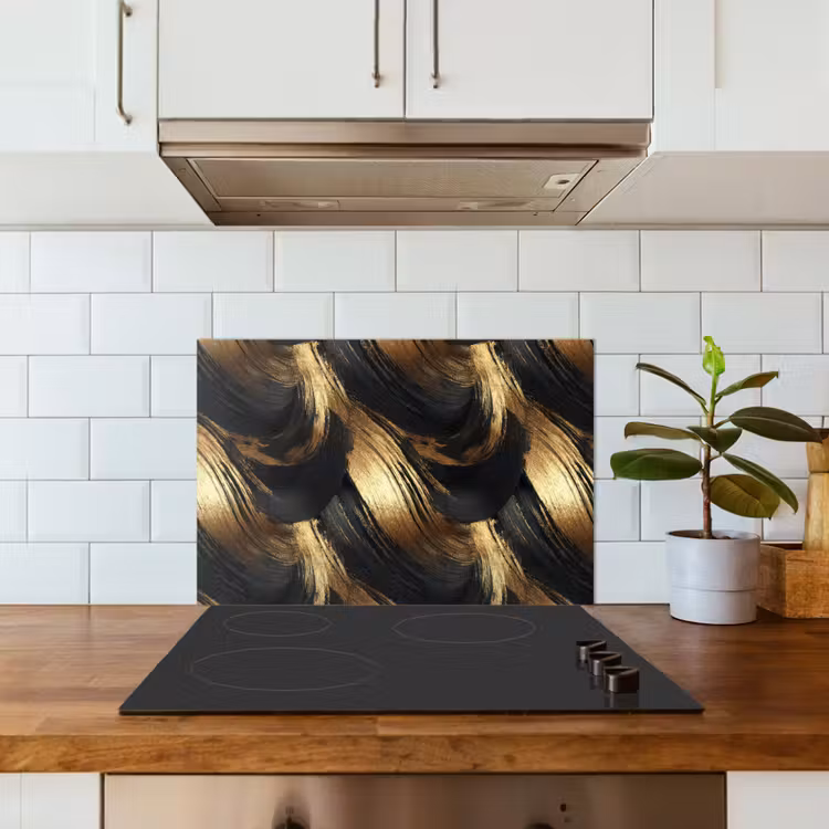 Verfstreken - Abstract - Goud - Zwart keuken achterwand spatscherm klein 900 -sfeer2