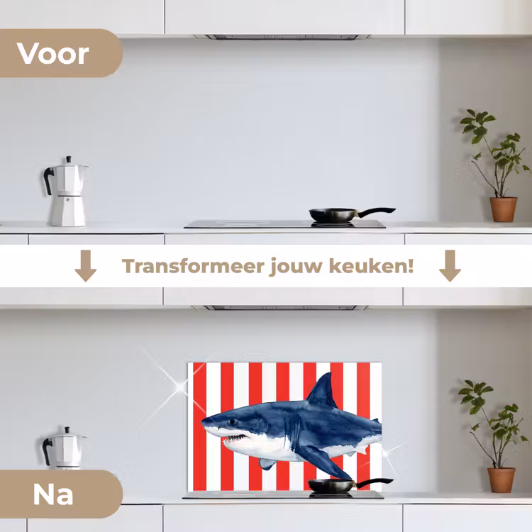 Vis - Haai - Zee - Illustratie - Blauw keuken achterwand spatscherm klein -voor_na_NL