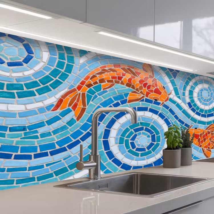 Vis - Mozaïek - Water - Decoratief - Blauw keuken achterwand 2 middel -3d_schuin