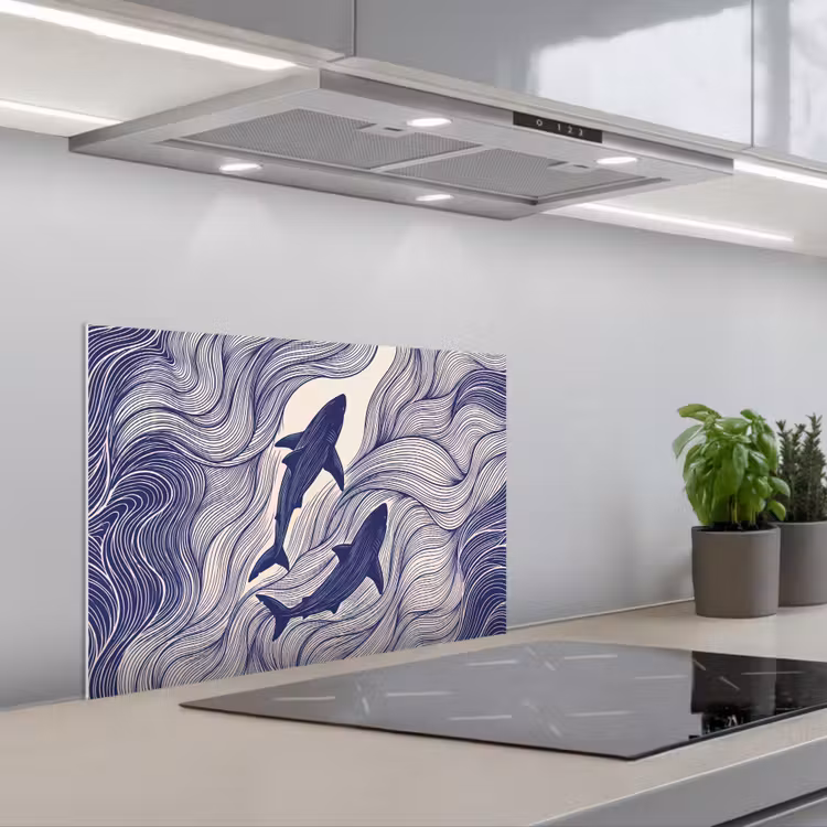Vis - Oceaan - Lijntekening - Blauw - Dieren keuken achterwand spatscherm klein -3d_schuin