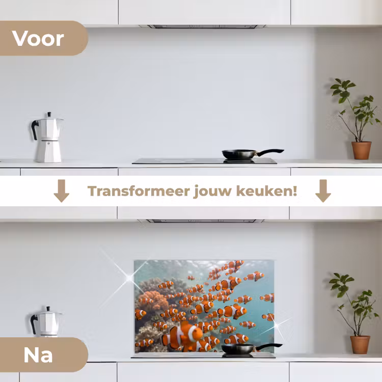 Vis - School - Onderwater - Dieren - Oranje keuken achterwand spatscherm klein -voor_na_NL