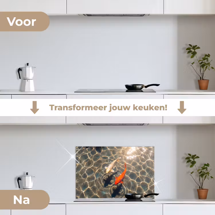 Vis - Water - Dieren - Oranje - Goud keuken achterwand spatscherm klein -voor_na_NL