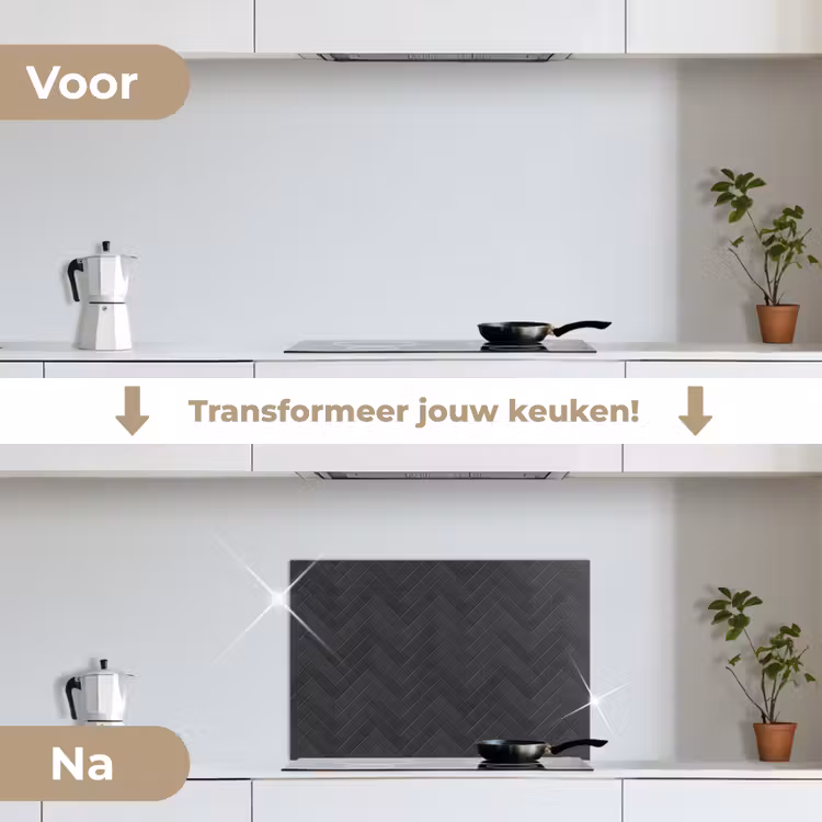 Visgraat - Wandtegel - Donkergrijs keuken achterwand spatscherm klein 900 -voor_na_NL
