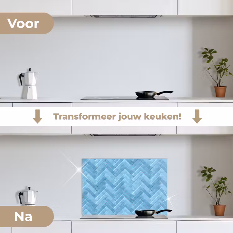 Visgraat - Wandtegel - Lichtblauw keuken achterwand spatscherm klein 900 -voor_na_NL