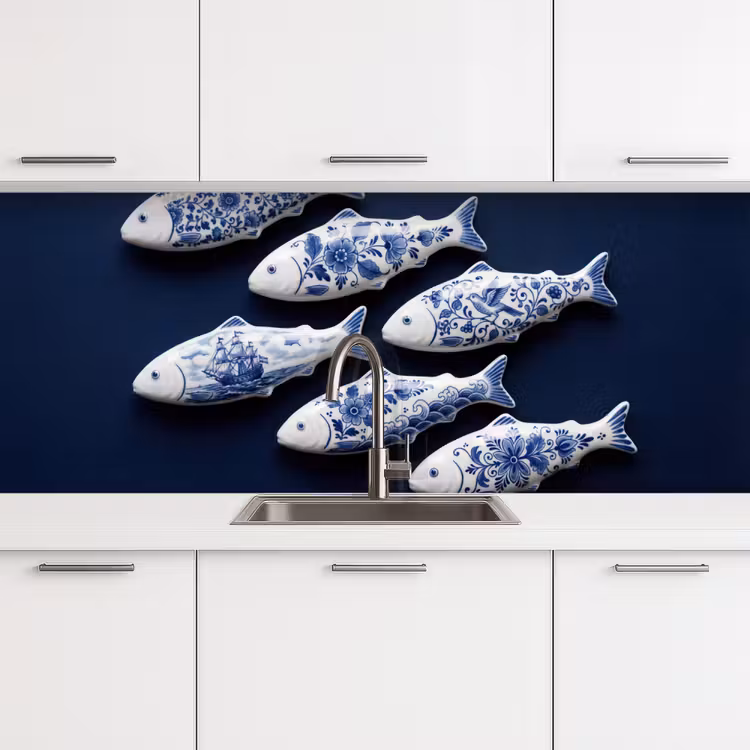 Vissen - Delfts - Blauw - Keramiek keuken achterwand 2 middel -3d