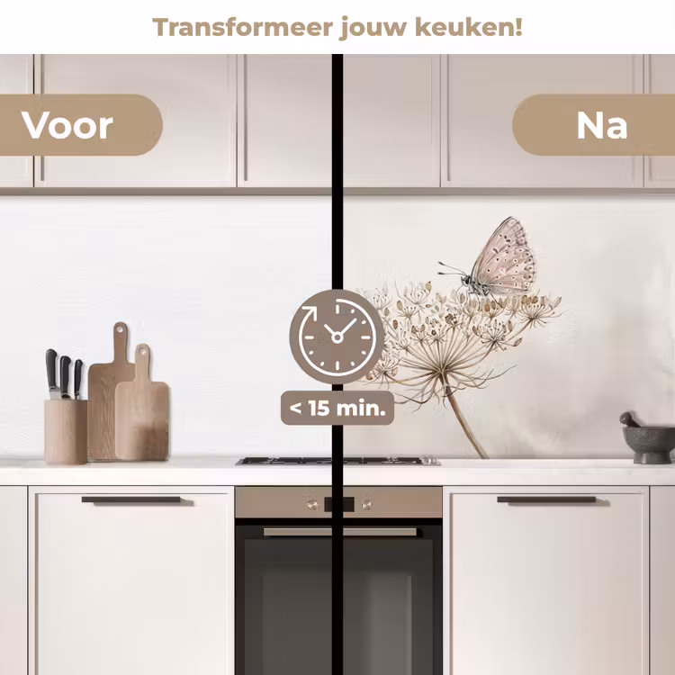 Vlinder - Bloem -Natuur - Beige keuken achterwand 2 middel -voor-na2_NL
