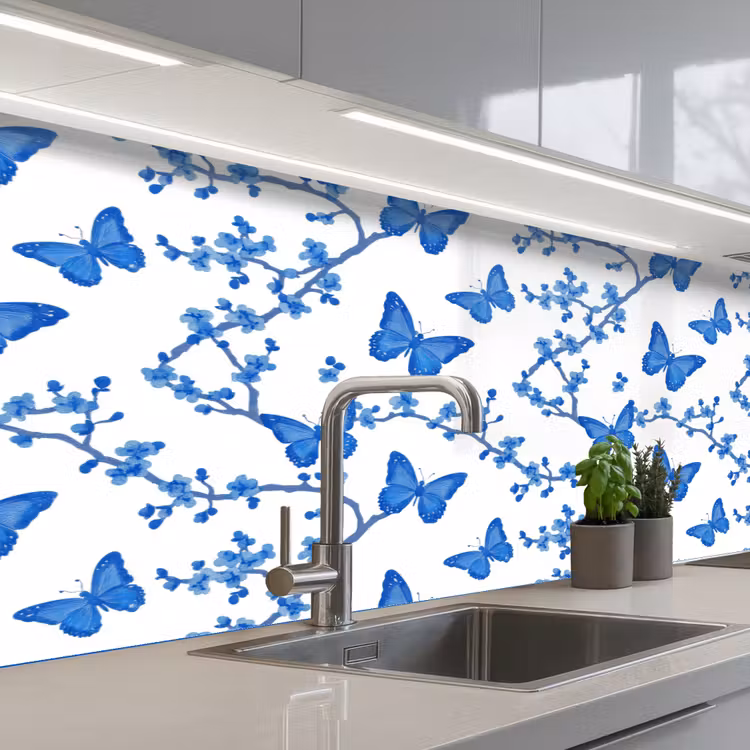 Vlinder - Bloemen - Blauw keuken achterwand 2 middel 871 -3d_schuin