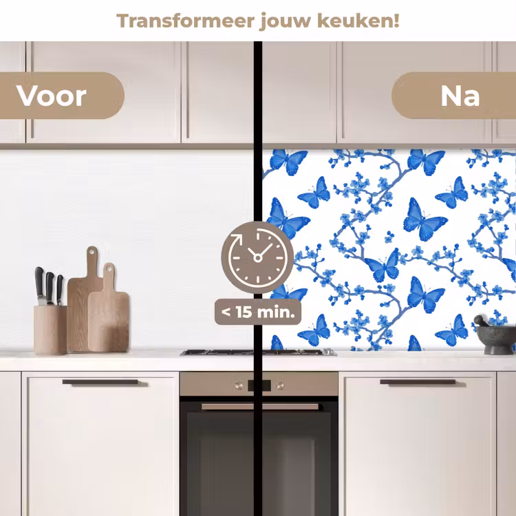 Vlinder - Bloemen - Blauw keuken achterwand 2 middel 871 -voor-na2_NL