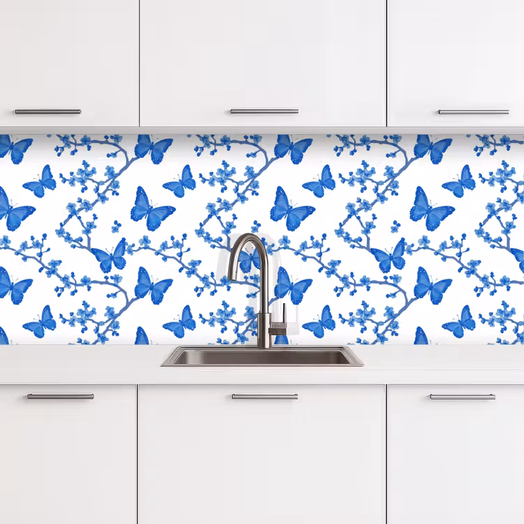 Vlinder - Bloemen - Blauw keuken achterwand 2 middel 871 -3d