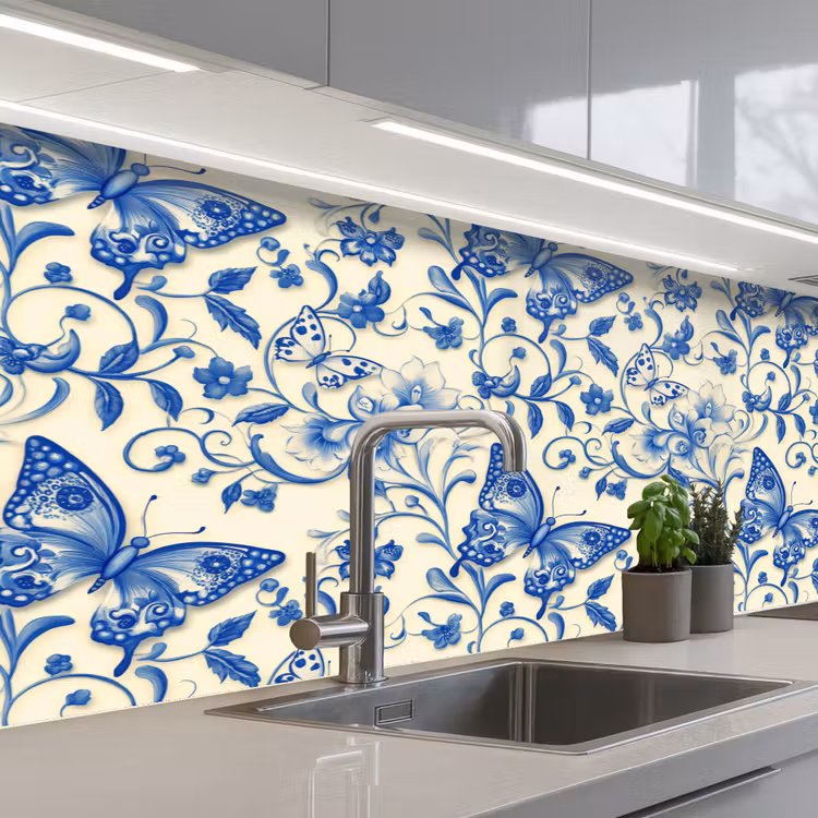 Vlinders - Bloemen - Blauw - Botanisch keuken achterwand 2 middel 871 -3d_schuin