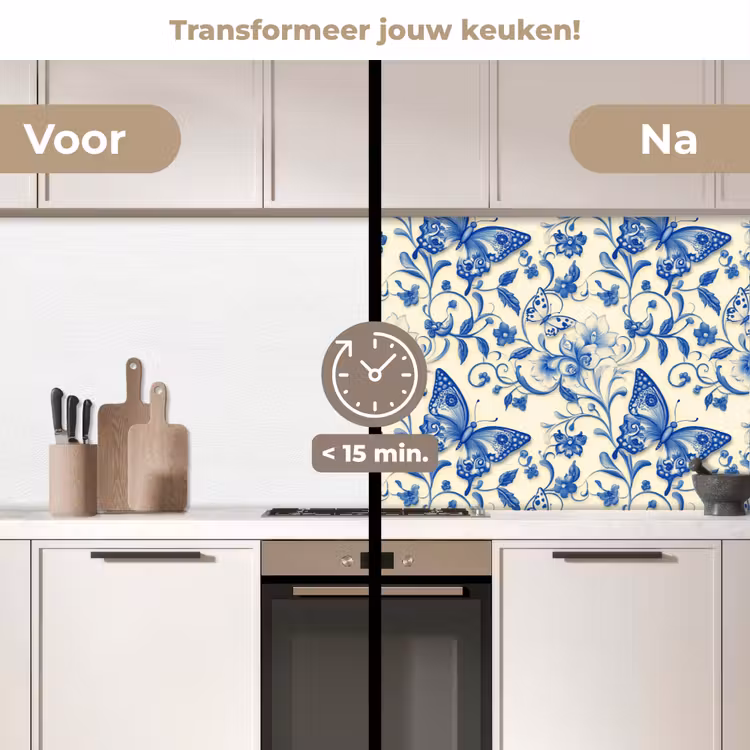 Vlinders - Bloemen - Blauw - Botanisch keuken achterwand 2 middel 871 -voor-na2_NL