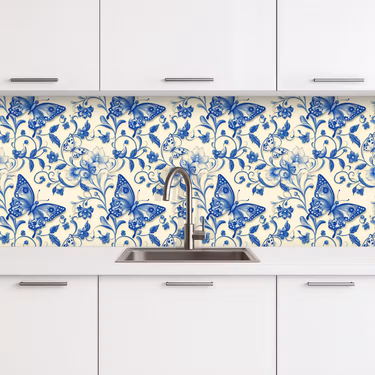 Vlinders - Bloemen - Blauw - Botanisch keuken achterwand 2 middel 871 -3d