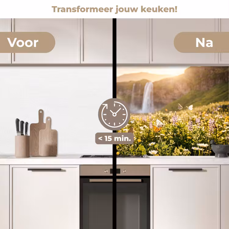 Vlinders - Waterval - Bloemenveld keuken achterwand 2 middel -voor-na2_NL