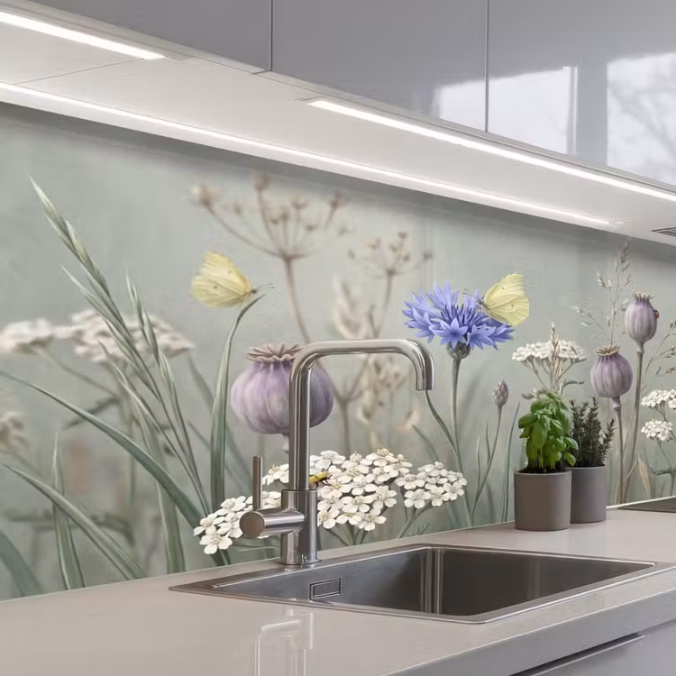 Vlinders - Wildbloemen - Illustratie - Kleurrijk keuken achterwand 2 middel -3d_schuin