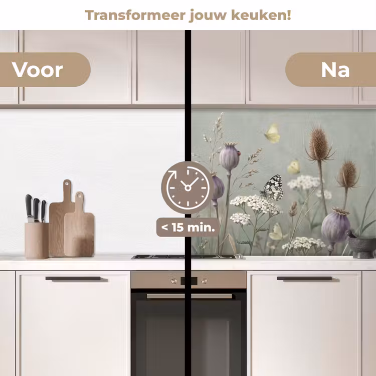 Vlinders - Wildbloemen - Illustratie - Kleurrijk keuken achterwand 2 middel -voor-na2_NL