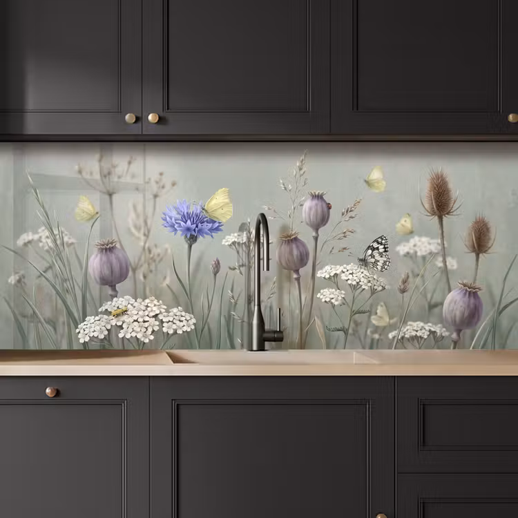 Vlinders - Wildbloemen - Illustratie - Kleurrijk keuken achterwand 2 middel -sfeer1