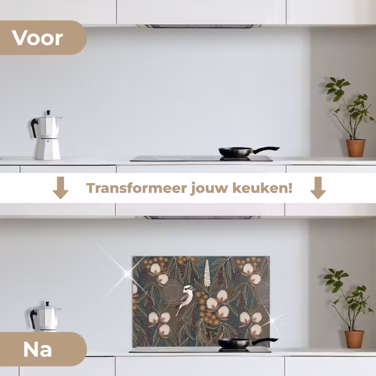 Vogel - Bladeren - Natuur - Illustratie - Groen keuken achterwand spatscherm klein -voor_na_NL