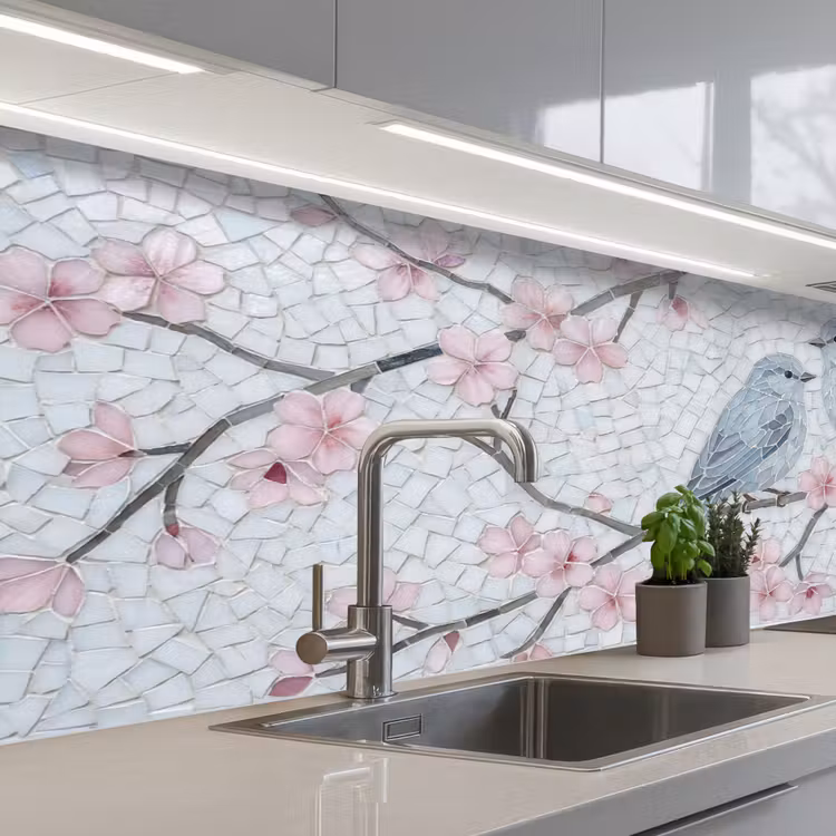 Vogel - Bloemen - Natuur - Mozaïek - Roze keuken achterwand 2 middel -3d_schuin