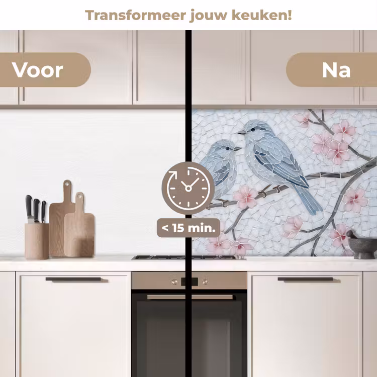Vogel - Bloemen - Natuur - Mozaïek - Roze keuken achterwand 2 middel -voor-na2_NL