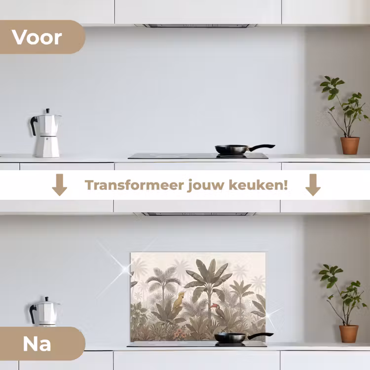 Vogel - Jungle - Tropisch - Illustratie - Groen keuken achterwand spatscherm klein -voor_na_NL