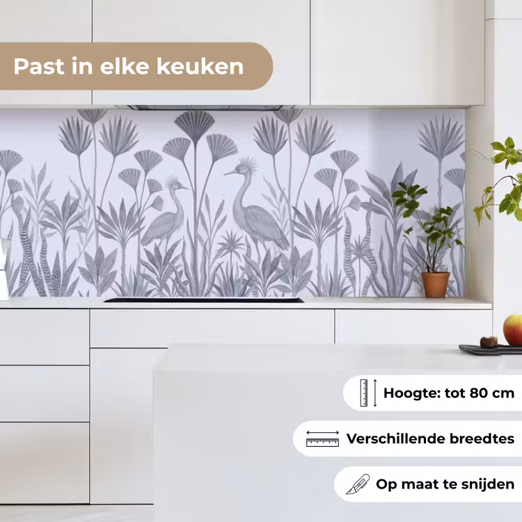 Vogel - Tropisch - Illustratie - Blauwgrijs - Natuur keuken achterwand 2 middel -sfeer4_NL