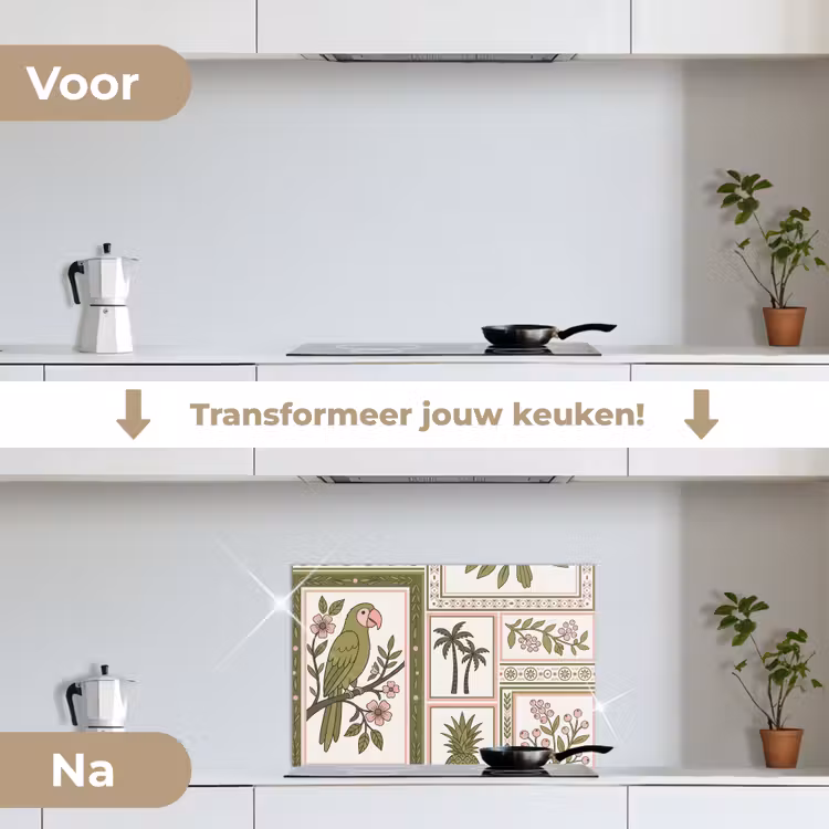 Vogel - Tropisch - Patroon - Decoratief - Groen keuken achterwand spatscherm klein -voor_na_NL