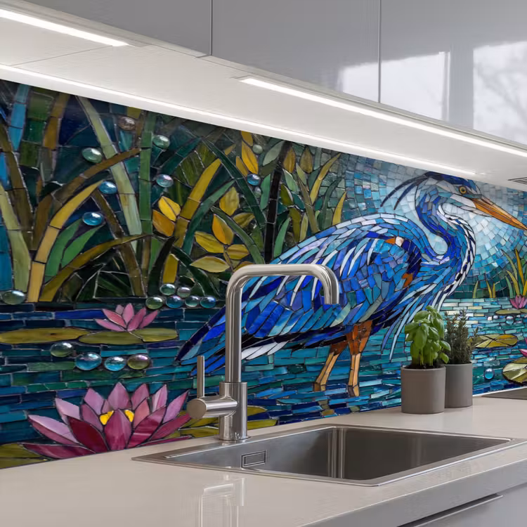 Vogel - Water - Natuur - Abstract - Blauw keuken achterwand 2 middel -3d_schuin