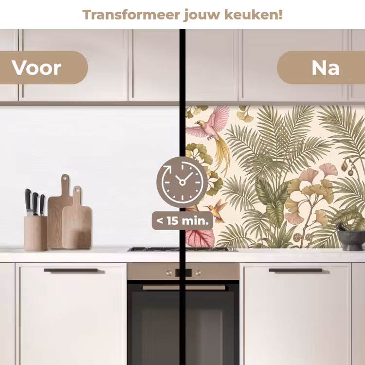 Vogels - Tropisch - Botanisch - Roze keuken achterwand 2 middel -voor-na2_NL