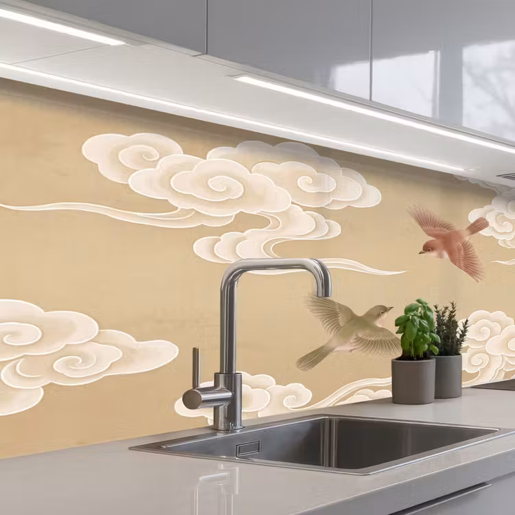 Vogels - Vliegen - Beige keuken achterwand 2 middel -3d_schuin