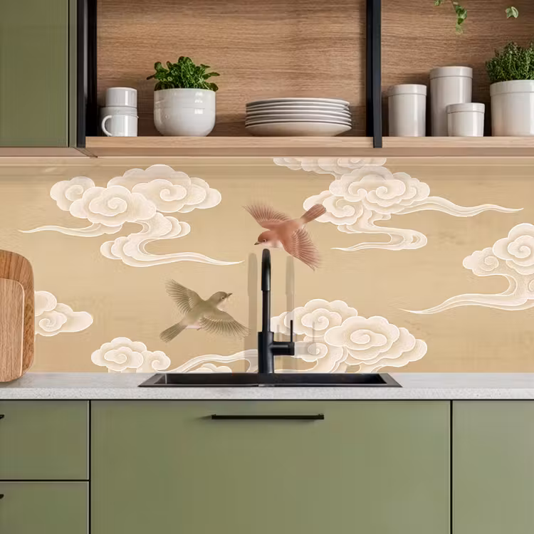 Vogels - Vliegen - Beige keuken achterwand 2 middel -sfeer3