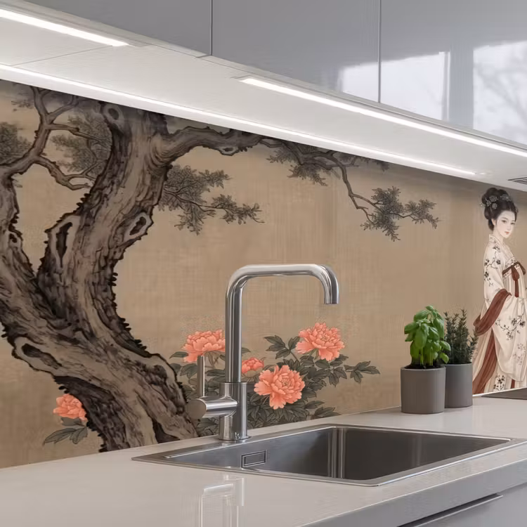 Vrouw - Azië - Kunst - Beige keuken achterwand 2 middel -3d_schuin