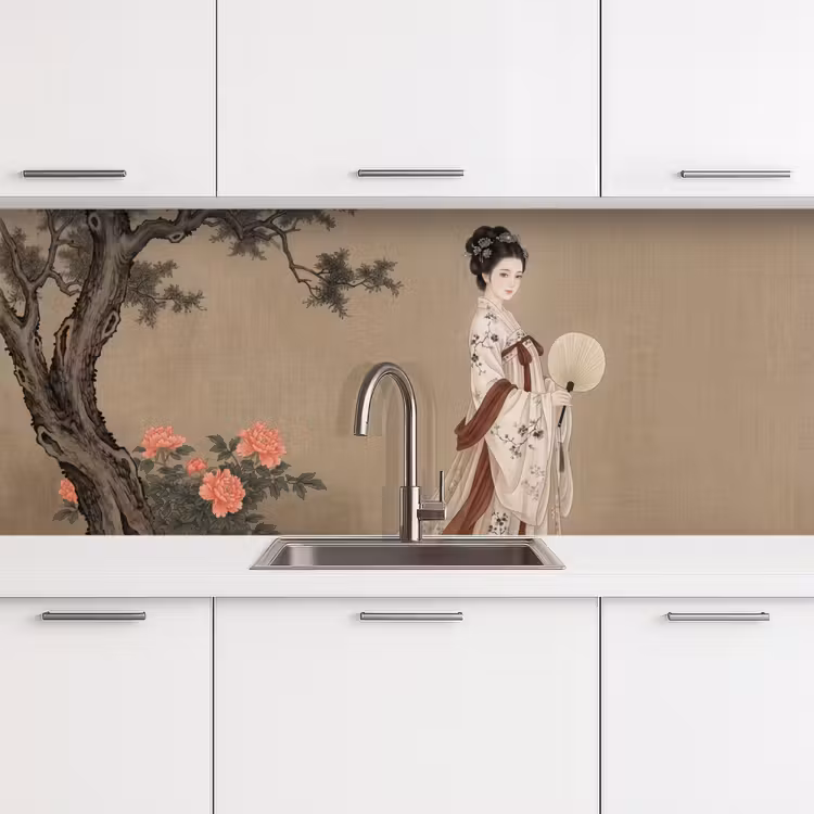 Vrouw - Azië - Kunst - Beige keuken achterwand 2 middel -3d