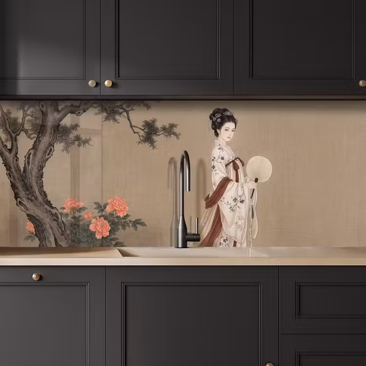 Vrouw - Azië - Kunst - Beige keuken achterwand 2 middel -sfeer1