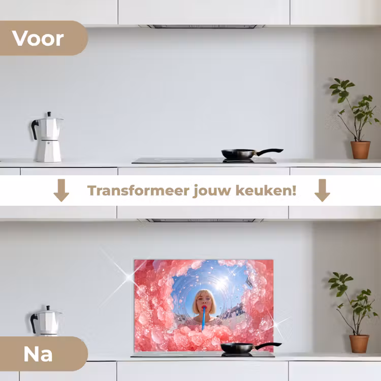 Vrouw - Drank - Zomer - Roze - Blauw keuken achterwand spatscherm klein -voor_na_NL