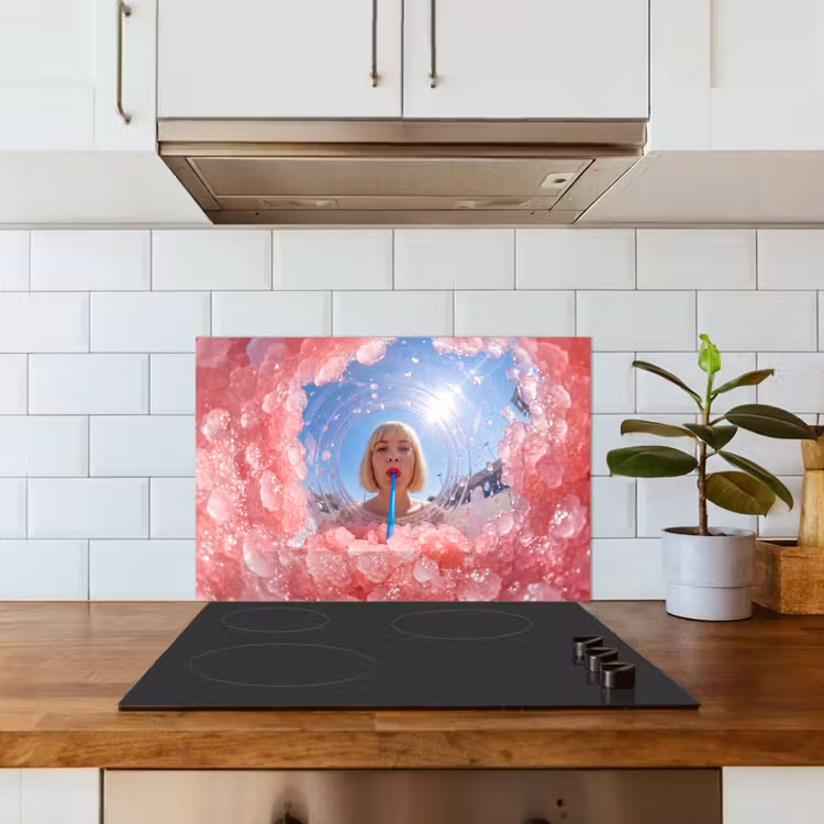 Vrouw - Drank - Zomer - Roze - Blauw keuken achterwand spatscherm klein -sfeer2