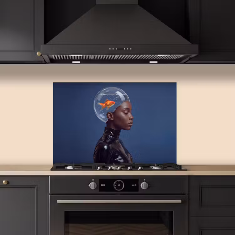 Vrouw - Goudvis - Hoofd - Abstract - Blauw keuken achterwand spatscherm klein -sfeer1