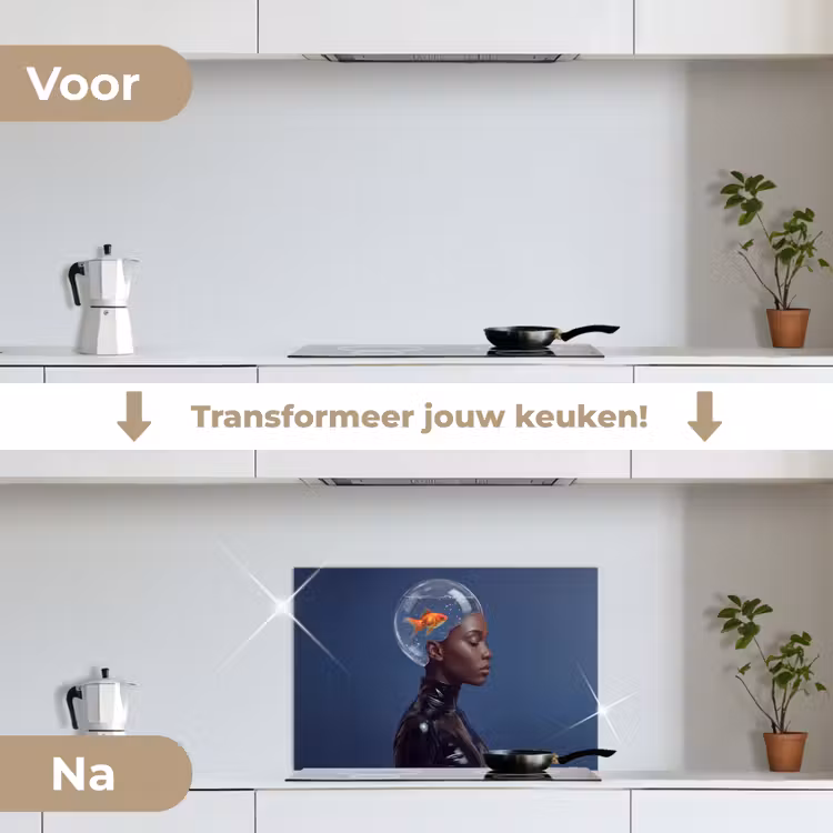 Vrouw - Goudvis - Hoofd - Abstract - Blauw keuken achterwand spatscherm klein -voor_na_NL