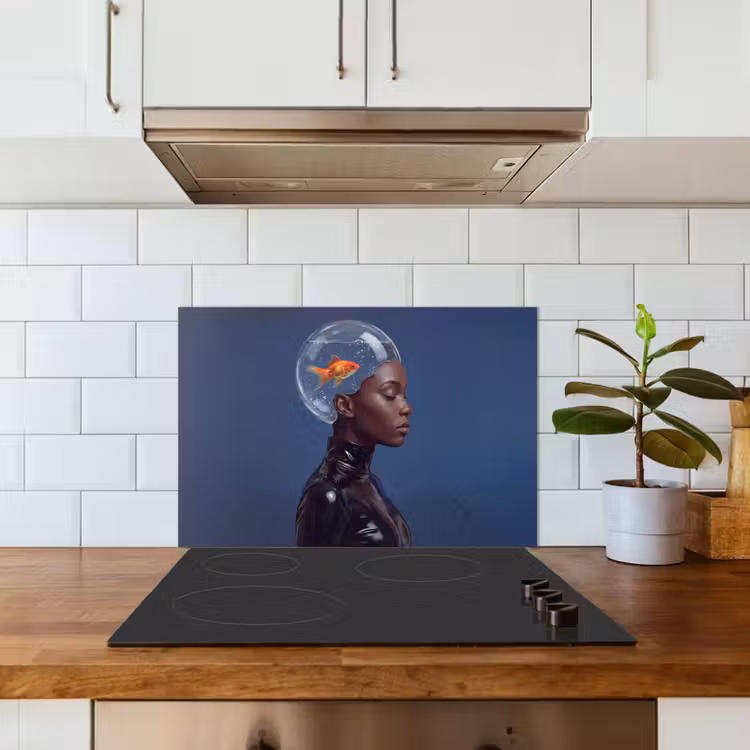 Vrouw - Goudvis - Hoofd - Abstract - Blauw keuken achterwand spatscherm klein -sfeer2
