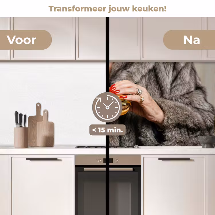 Vrouw - Hamburger - Bontjas keuken achterwand 2 middel -voor-na2_NL