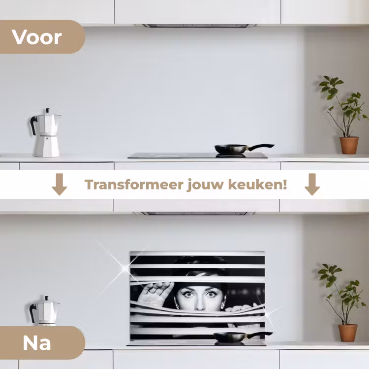 Vrouw - Jaloezieën - Portret - Zwart-wit keuken achterwand spatscherm klein -voor_na_NL