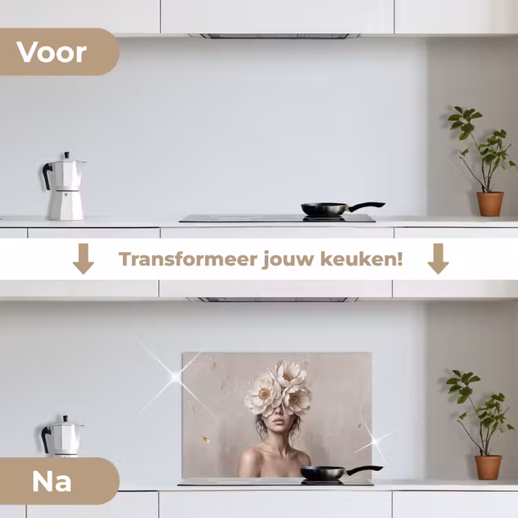 Vrouw - Pioenroos - Wit keuken achterwand 2 middel -voor-na2_NL